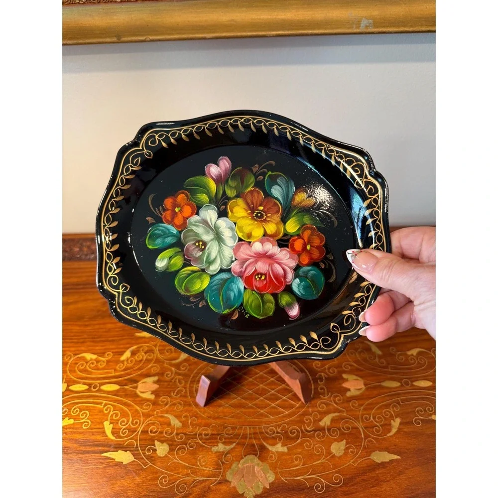 Vintage Black Tole Floral Tray - Hand‎ Painted with Stand